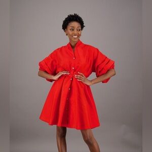 Red A-Line Mini Dress with Dolman Sleeves and Mandarin Collar